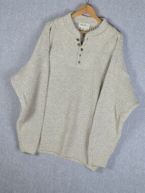 Vtg Eddie Bauer Cream 100% Cotton 1/4 Button Crewneck Sweater Sz XLT U.S.A.